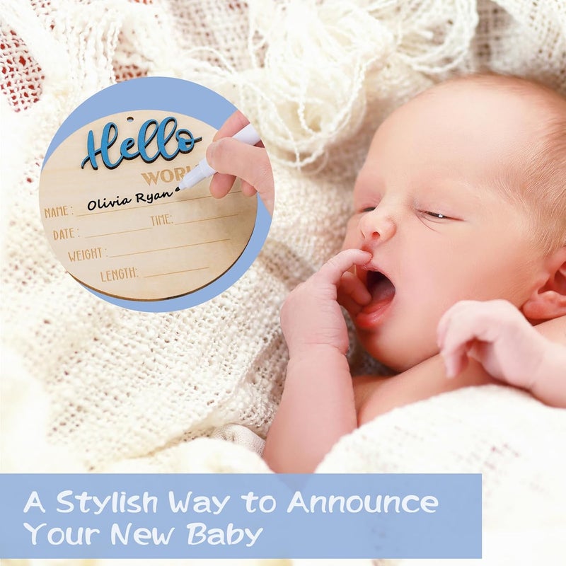 Giftacity Baby Hello World Announcement Sign: Wooden Blue Baby Newborn Signs for Hospital with Footprint - Birth Round Board for Welcome New Boy Nursery Gifts - Image 4